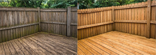 Pressure washing deck & fence to restore wood surfaces and remove grime and discoloration