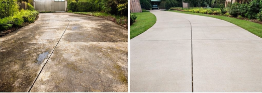 Surface cleaning driveway to remove stains, algae, and buildup for a bright, clean concrete finish