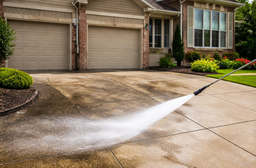 Surface cleaning driveway to remove stains, algae, and buildup for a bright, clean concrete finish