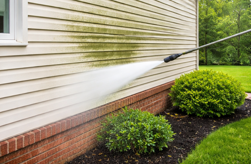Soft washing house siding to eliminate mold, mildew, and dirt for a refreshed exterior