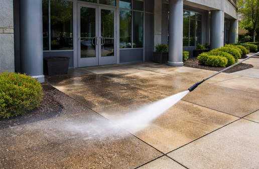 Surface cleaning driveway to remove stains, algae, and buildup for a bright, clean concrete finish