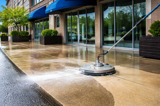 Pressure washing commercial storefront sidewalks and entryways for a clean, welcoming appearance