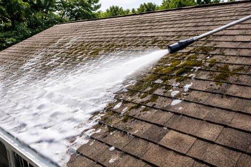 Soft washing roof to safely remove moss, algae, and stains without damaging shingles