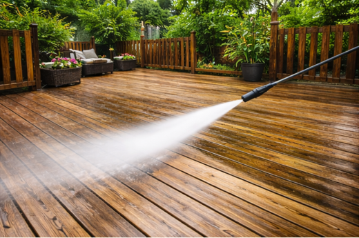Pressure washing deck and fence to restore wood surfaces and remove grime and discoloration