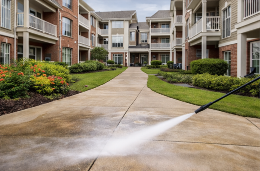 Pressure washing apartment complex walkways and concrete for a clean, professional residential property exterior