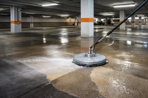 Pressure washing parking garage floors to remove oil stains, dirt, and grime for safer commercial parking